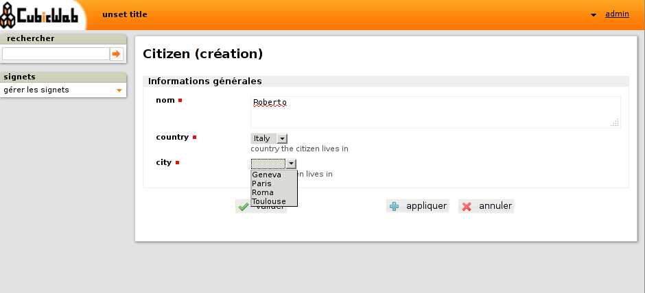 Example of Citizen entity edition form.